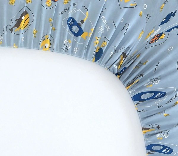 MORADO Premium Glace Cotton Elastic Fitted Double Bedsheet with 2 Pillow Covers (72x78x8 Inches) - Blue