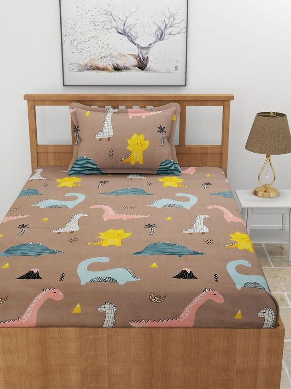 MORADO Premium Glace Cotton Elastic Fitted Single Bedsheet with 1 Pillow Cover (36x72x8 Inches) - Brown