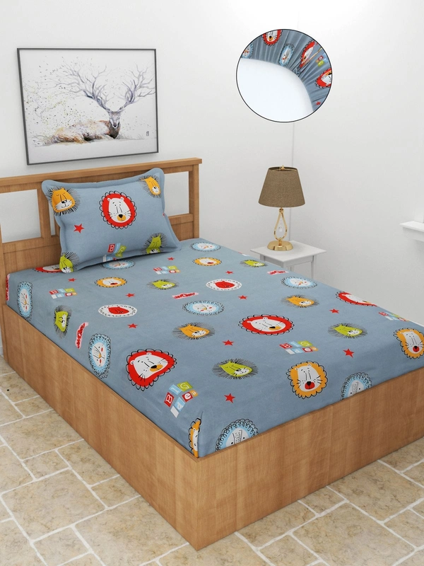 MORADO Premium Glace Cotton Elastic Fitted Single Bedsheet with 1 Pillow Cover (36x72x8 Inches) - Grey