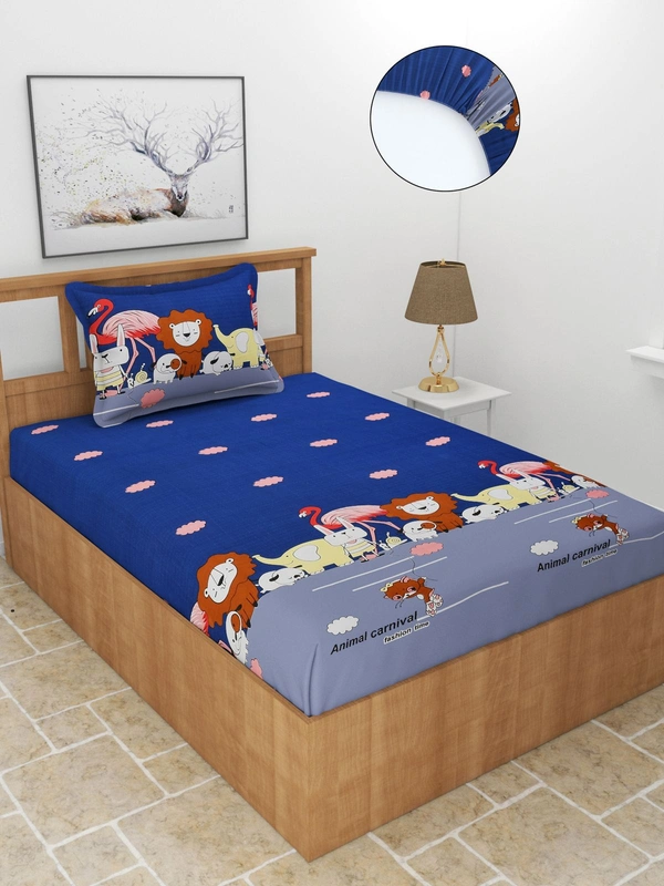 MORADO Premium Glace Cotton Elastic Fitted Single Bedsheet with 1 Pillow Cover (36x72x8 Inches) - Multicolor