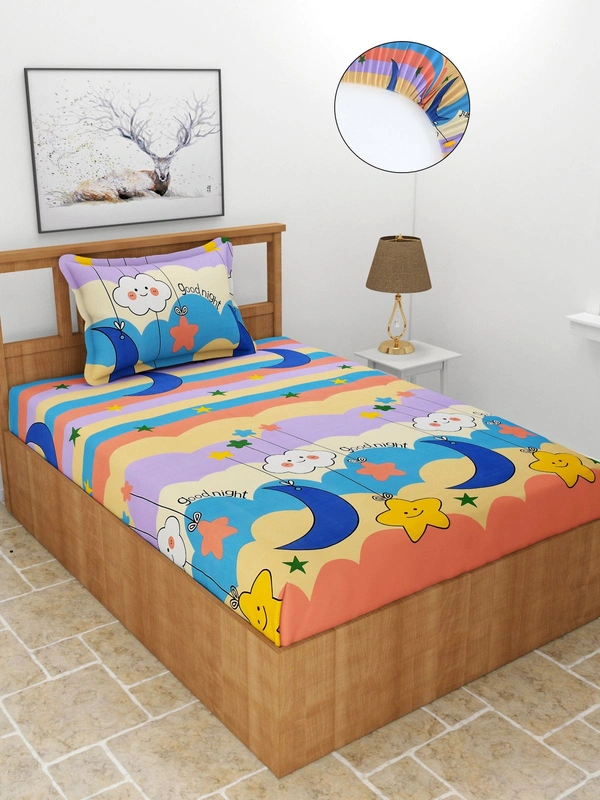 MORADO Premium Glace Cotton Elastic Fitted Single Bedsheet with 1 Pillow Cover (36x72x8 Inches) - Multicolor