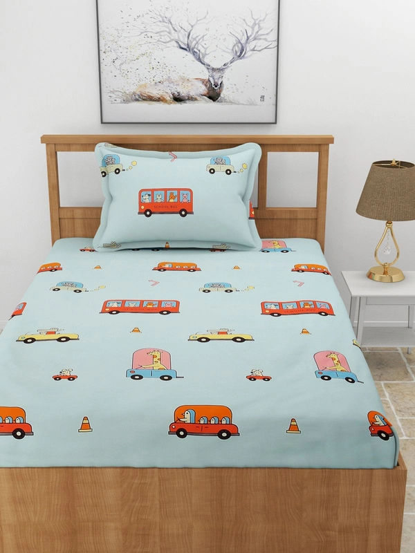 MORADO Premium Glace Cotton Single Bedsheet with 1 King Size Pillow Cover (60x90 Inches) - Blue