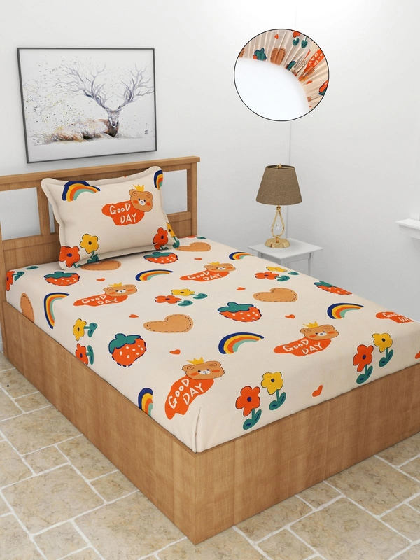 MORADO Premium Glace Cotton Elastic Fitted Single Bedsheet with 1 Pillow Cover (36x72x8 Inches) - Multicolor