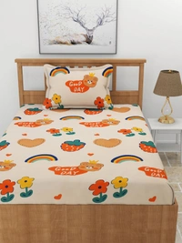 MORADO Premium Glace Cotton Elastic Fitted Single Bedsheet with 1 Pillow Cover (36x72x8 Inches) - Multicolor