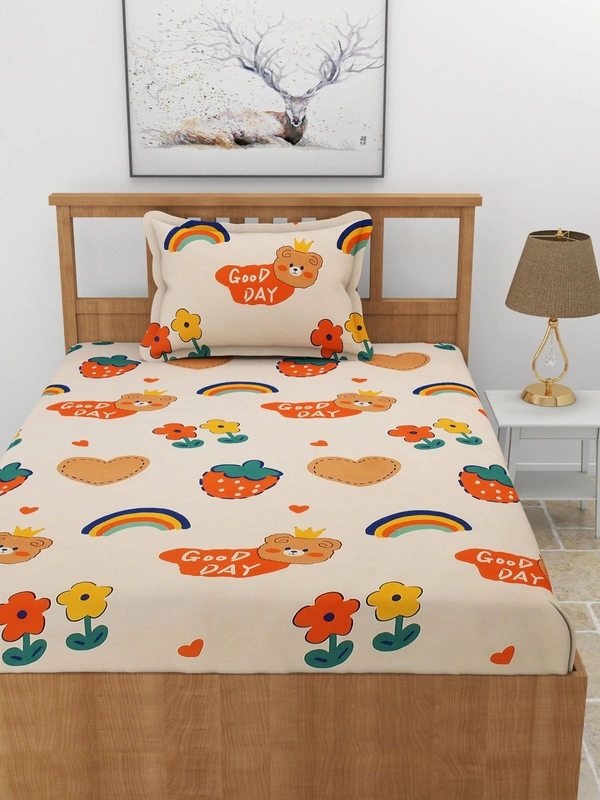 MORADO Premium Glace Cotton Elastic Fitted Single Bedsheet with 1 Pillow Cover (36x72x8 Inches) - Multicolor