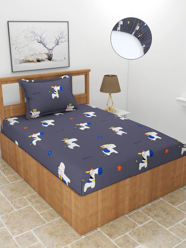 MORADO Premium Glace Cotton Elastic Fitted Single Bedsheet with 1 Pillow Cover (36x72x8 Inches) - Blue