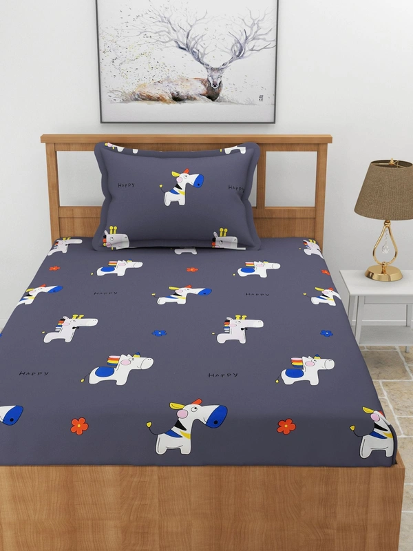 MORADO Premium Glace Cotton Elastic Fitted Single Bedsheet with 1 Pillow Cover (36x72x8 Inches) - Blue