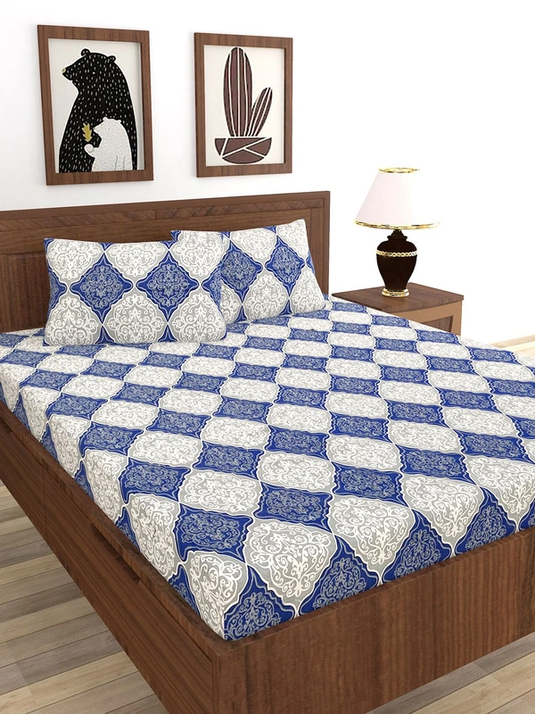 MORADO Premium Cotton Casement Double Bed Bedsheet with 2 Pillow Covers (90x100 Inches) - Blue White