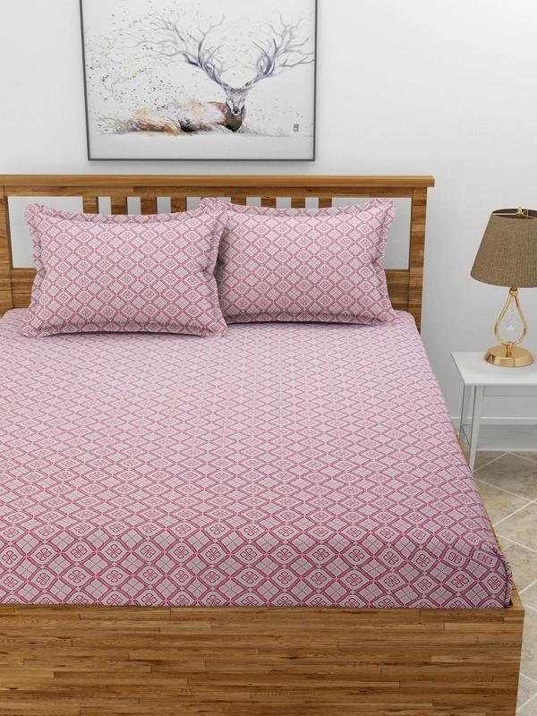 MORADO Premium Cotton Casement Elastic Fitted Double Bedsheet with 2 Pillow Covers (72x78x8 Inches) - Pink