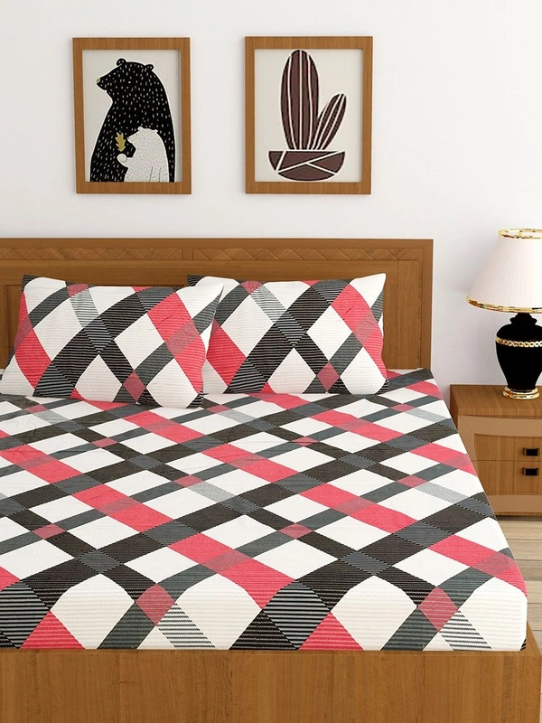 MORADO Premium Cotton Casement Double Bed Bedsheet with 2 Pillow Covers (90x100 Inches) - Red Black