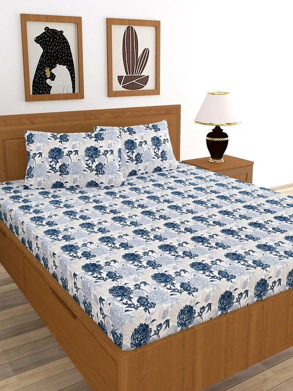 MORADO Premium Cotton Casement Double Bed Bedsheet with 2 Pillow Covers (90x100 Inches) - White Blue