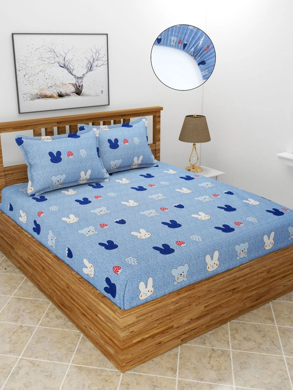 MORADO Premium Cotton Casement Elastic Fitted Double Bedsheet with 2 Pillow Covers (72x78x8 Inches) - Blue