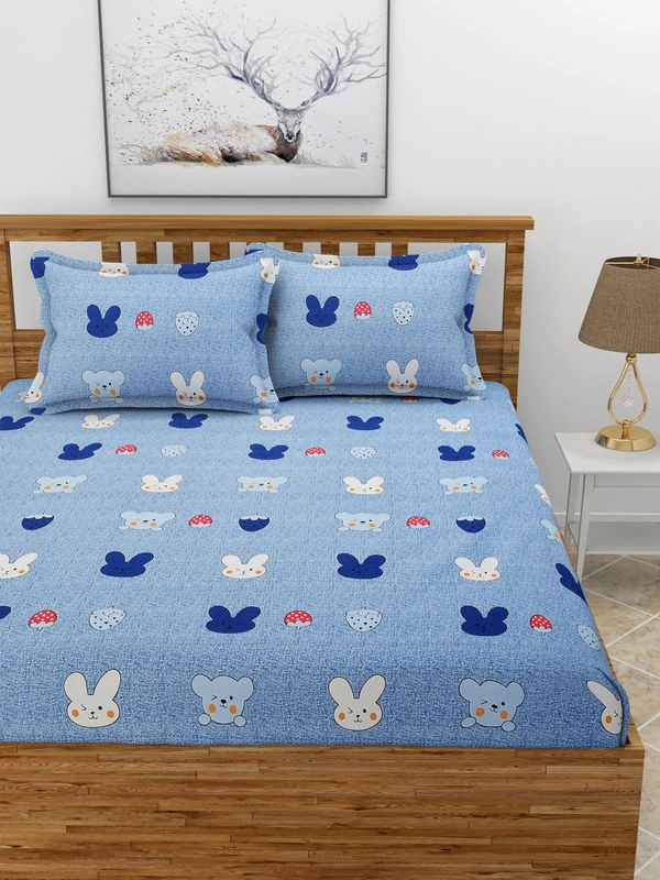 MORADO Premium Cotton Casement Elastic Fitted Double Bedsheet with 2 Pillow Covers (72x78x8 Inches) - Blue