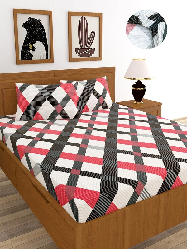 MORADO Premium Cotton Casement Elastic Fitted Double Bedsheet with 2 Pillow Covers (72x78x8 Inches) - Red Black