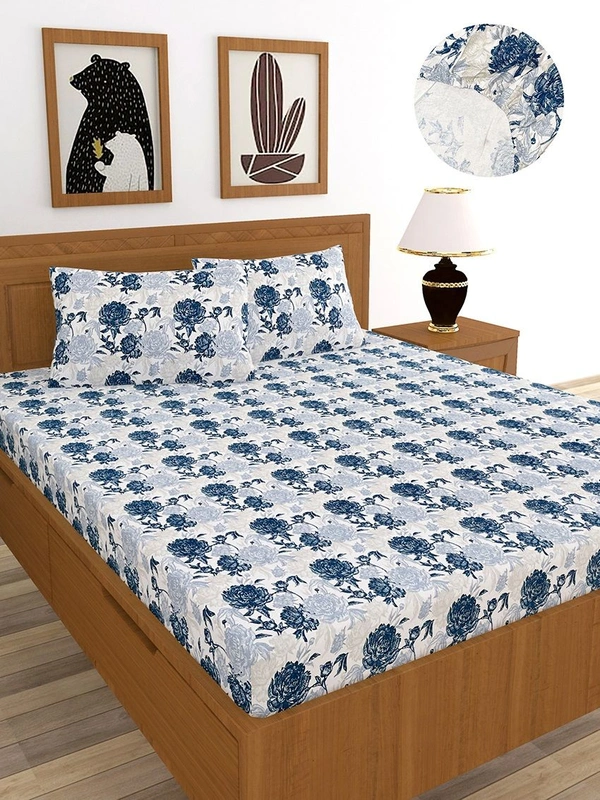 MORADO Premium Cotton Casement Elastic Fitted Double Bedsheet with 2 Pillow Covers (72x78x8 Inches) - White Blue