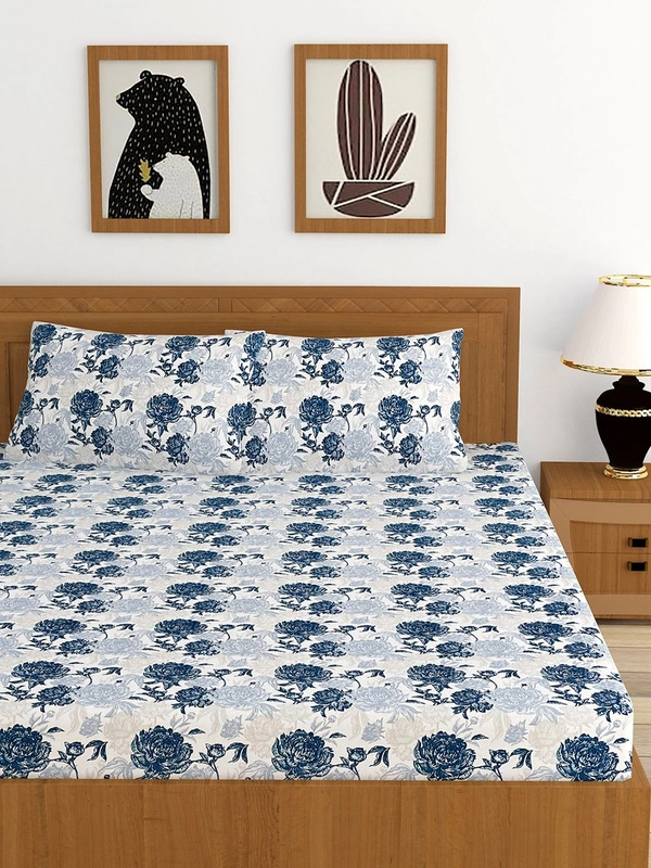 MORADO Premium Cotton Casement Elastic Fitted Double Bedsheet with 2 Pillow Covers (72x78x8 Inches) - White Blue