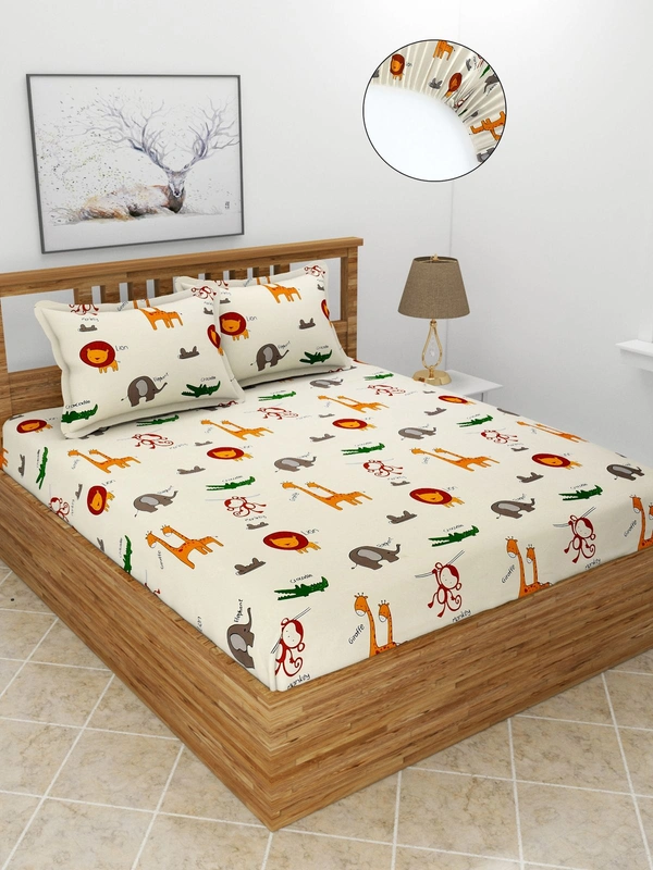 MORADO Premium Glace Cotton Elastic Fitted Double Bedsheet with 2 Pillow Covers (72x78x8 Inches) - Offwhite