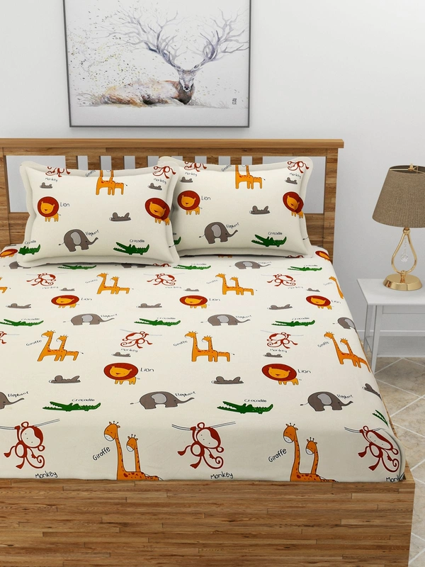 MORADO Premium Glace Cotton Elastic Fitted Double Bedsheet with 2 Pillow Covers (72x78x8 Inches) - Offwhite