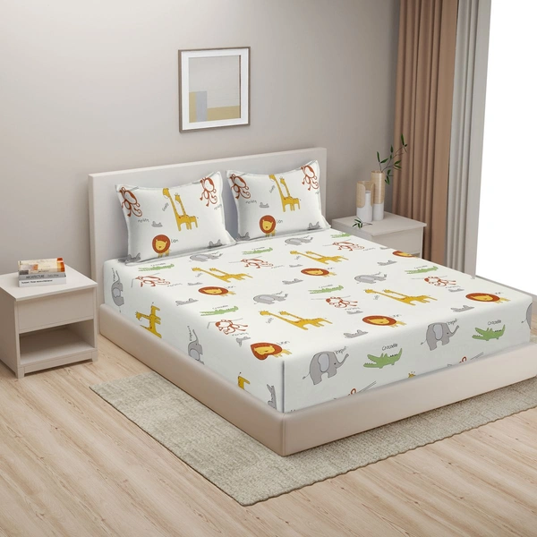 MORADO Premium Glace Cotton Elastic Fitted Double Bedsheet with 2 Pillow Covers (72x78x8 Inches) - Offwhite