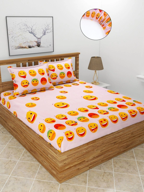 MORADO Premium Glace Cotton Elastic Fitted Double Bedsheet with 2 Pillow Covers (72x78x8 Inches) - Pink