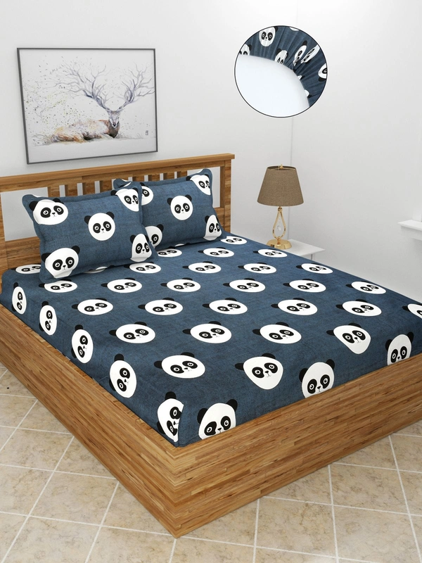 MORADO Premium Glace Cotton Elastic Fitted Double Bedsheet with 2 Pillow Covers (72x78x8 Inches) - Black