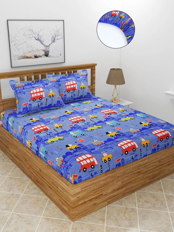 MORADO Premium Glace Cotton Elastic Fitted Double Bedsheet with 2 Pillow Covers (72x78x8 Inches) - Blue