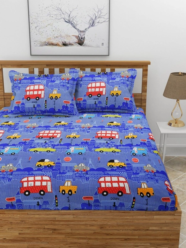 MORADO Premium Glace Cotton Elastic Fitted Double Bedsheet with 2 Pillow Covers (72x78x8 Inches) - Blue