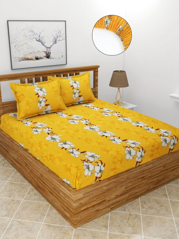 MORADO Premium Glace Cotton Elastic Fitted Double Bedsheet with 2 Pillow Covers (72x78x8 Inches) - Mustard