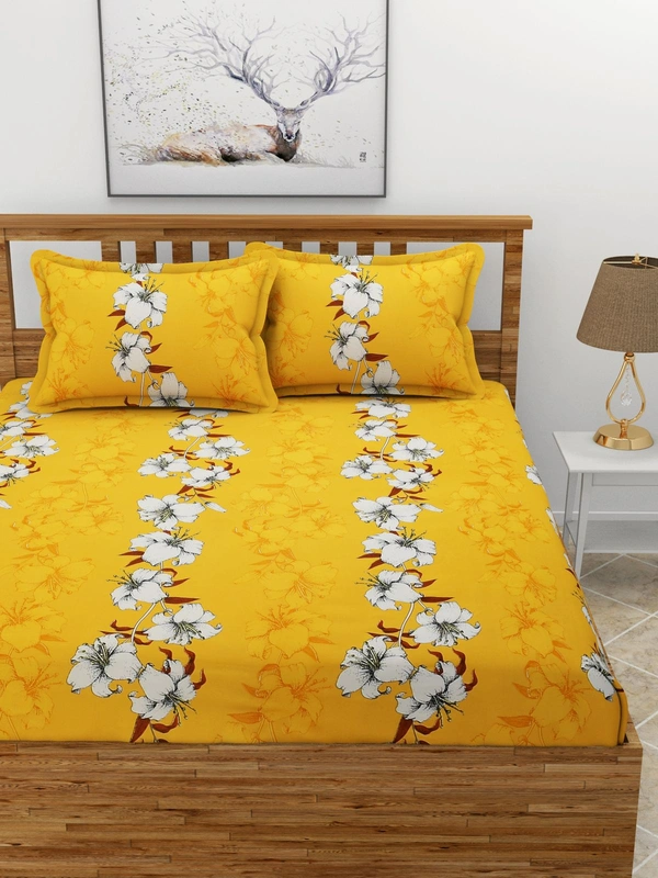 MORADO Premium Glace Cotton Elastic Fitted Double Bedsheet with 2 Pillow Covers (72x78x8 Inches) - Mustard