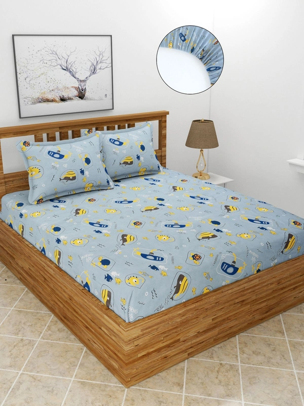 MORADO Premium Glace Cotton Elastic Fitted Double Bedsheet with 2 Pillow Covers (72x78x8 Inches) - Blue