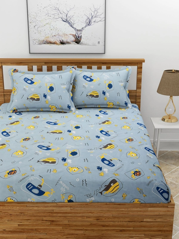 MORADO Premium Glace Cotton Elastic Fitted Double Bedsheet with 2 Pillow Covers (72x78x8 Inches) - Blue