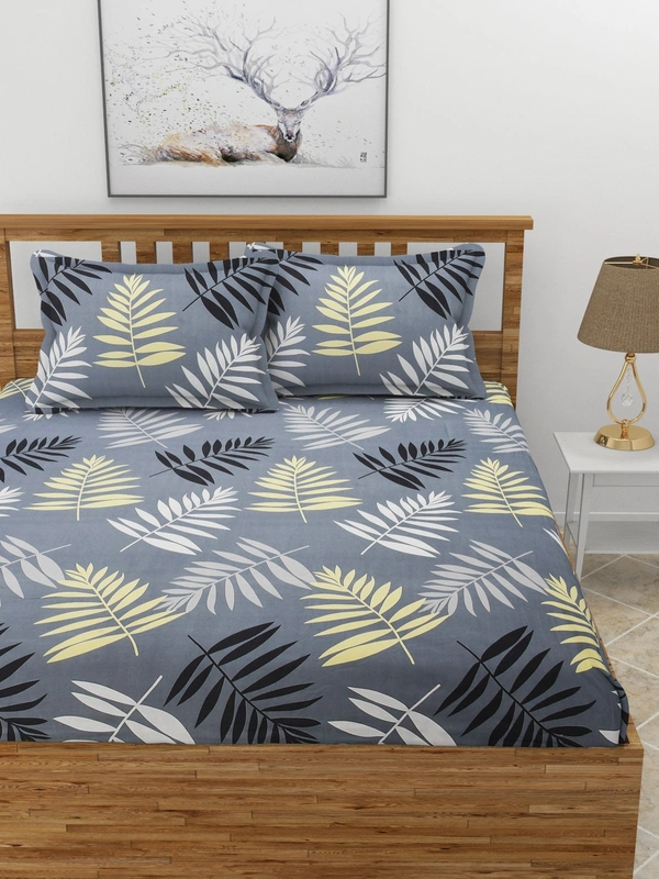 MORADO Premium Glace Cotton Elastic Fitted Double Bedsheet with 2 Pillow Covers (72x78x8 Inches) - Grey