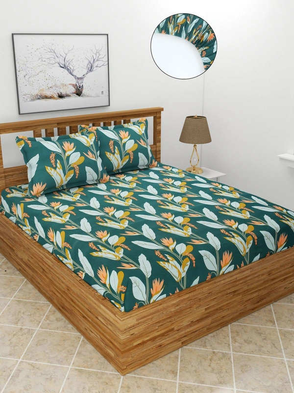 MORADO Premium Glace Cotton Elastic Fitted Double Bedsheet with 2 Pillow Covers (72x78x8 Inches) - Green