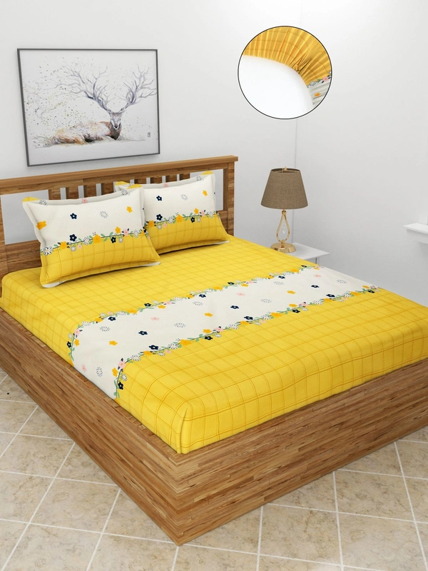MORADO Premium Glace Cotton Elastic Fitted Double Bedsheet with 2 Pillow Covers (72x78x8 Inches) - Yellow