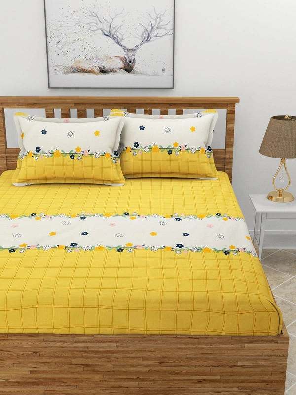 MORADO Premium Glace Cotton Elastic Fitted Double Bedsheet with 2 Pillow Covers (72x78x8 Inches) - Yellow