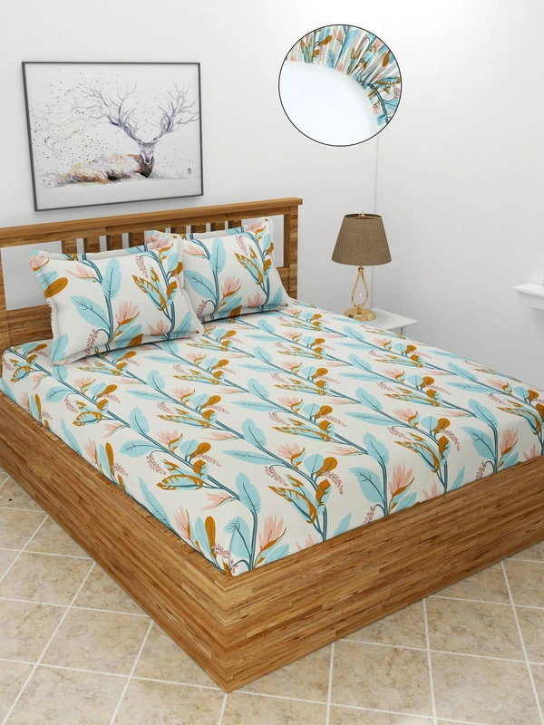 MORADO Premium Glace Cotton Elastic Fitted Double Bedsheet with 2 Pillow Covers (72x78x8 Inches) - Green