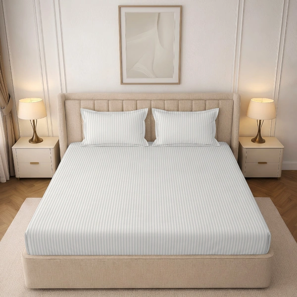 MORADO Premium Glace Cotton Stripe Double Fitted Bedsheet With 2 King Size Pillow Covers for Home-Hotels-Guest House (90x100 Inches) - 90x100inches