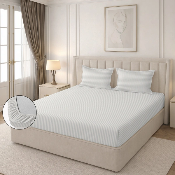 MORADO Premium Glace Cotton Stripe Double Fitted Bedsheet With 2 King Size Pillow Covers for Home-Hotels-Guest House (90x100 Inches) - 90x100inches