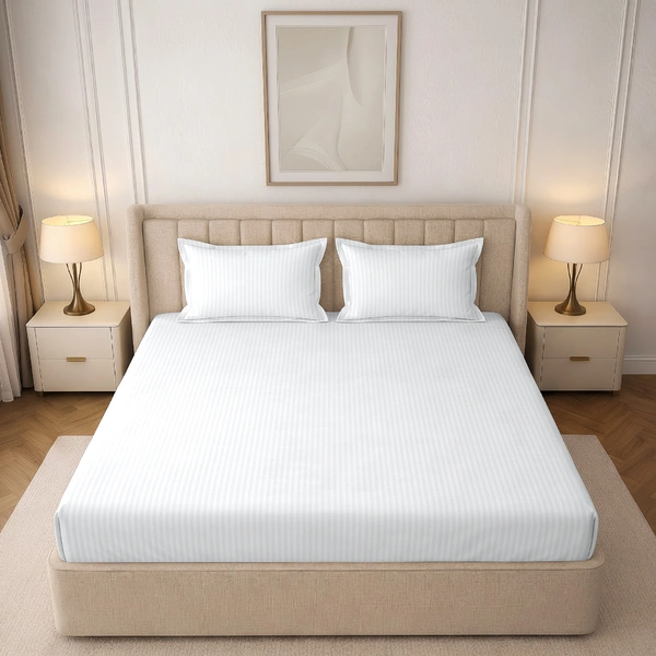 MORADO Premium Glace Cotton Stripe Double Fitted Bedsheet With 2 King Size Pillow Covers for Home-Hotels-Guest House (90x100 Inches) - 90x100inches