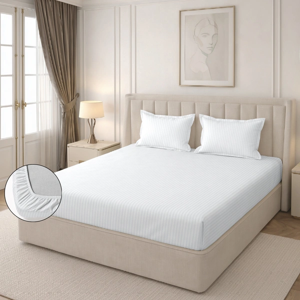 MORADO Premium Glace Cotton Stripe Double Fitted Bedsheet With 2 King Size Pillow Covers for Home-Hotels-Guest House (90x100 Inches) - 90x100inches