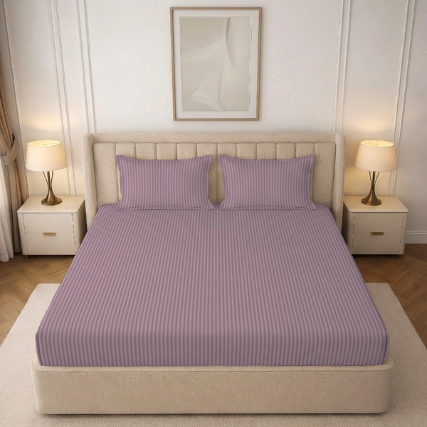 MORADO Premium Glace Cotton Stripe Double Fitted Bedsheet With 2 King Size Pillow Covers for Home-Hotels-Guest House (90x100 Inches) - 90x100inches
