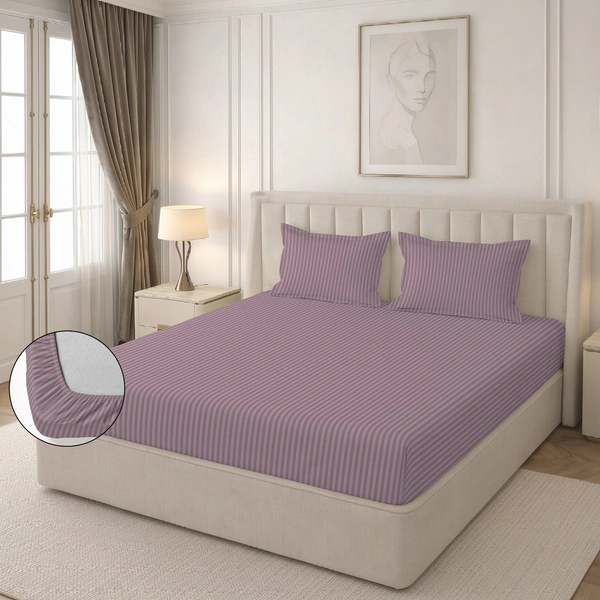 MORADO Premium Glace Cotton Stripe Double Fitted Bedsheet With 2 King Size Pillow Covers for Home-Hotels-Guest House (90x100 Inches) - 90x100inches