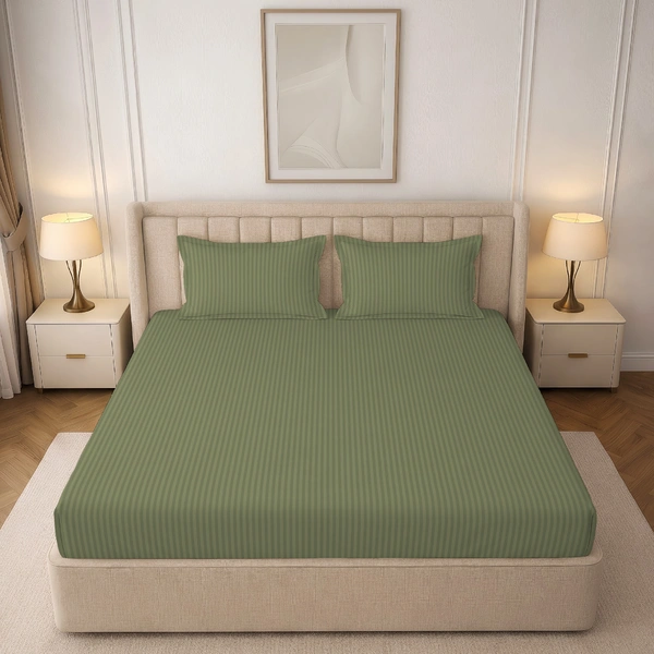 MORADO Premium Glace Cotton Stripe Double Fitted Bedsheet With 2 King Size Pillow Covers for Home-Hotels-Guest House (90x100 Inches) - 90x100inches