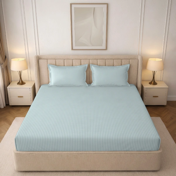 MORADO Premium Glace Cotton Stripe Double Flat Bedsheet With 2 King Size Pillow Covers for Home-Hotels-Guest House (90x100 Inches) - 90x100inches