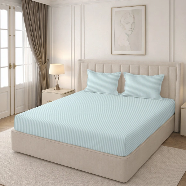 MORADO Premium Glace Cotton Stripe Double Flat Bedsheet With 2 King Size Pillow Covers for Home-Hotels-Guest House (90x100 Inches) - 90x100inches