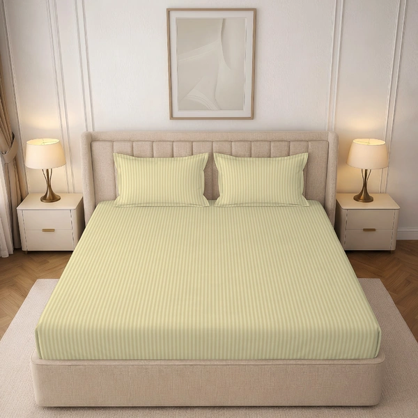 MORADO Premium Glace Cotton Stripe Double Flat Bedsheet With 2 King Size Pillow Covers for Home-Hotels-Guest House (90x100 Inches) - 90x100inches