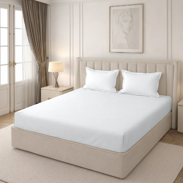 MORADO Premium Glace Cotton Stripe Double Flat Bedsheet With 2 King Size Pillow Covers for Home-Hotels-Guest House (90x100 Inches) - 90x100inches