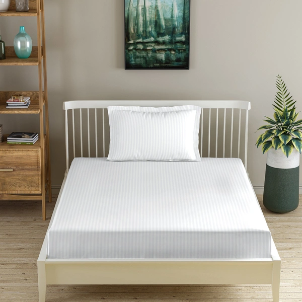 MORADO Premium Glace Cotton Stripe Single Fitted Bedsheet With 1 King Size Pillow Covers for Home-Hotels-Guest House (60x90 Inches) - 60x90inches