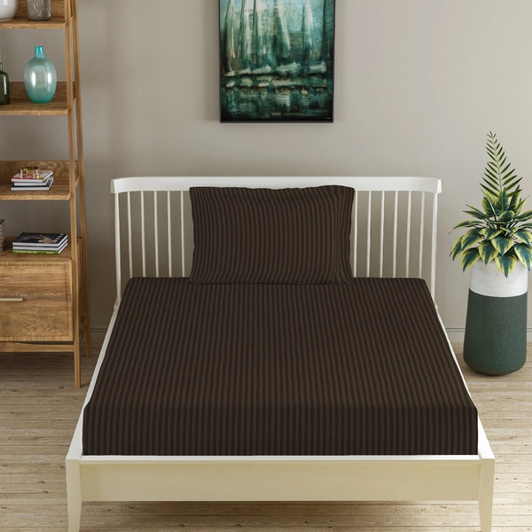 MORADO Premium Glace Cotton Stripe Single Fitted Bedsheet With 1 King Size Pillow Covers for Home-Hotels-Guest House (60x90 Inches) - 60x90inches