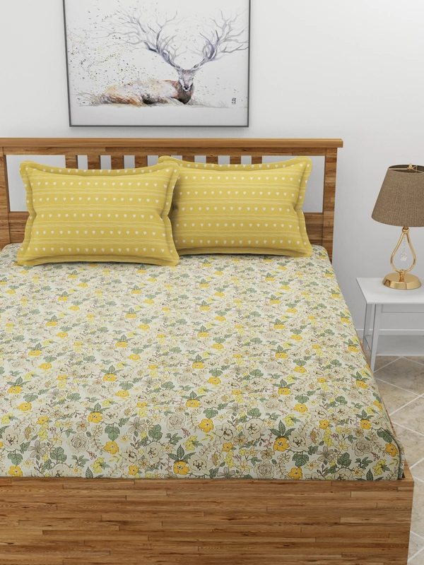 MORADO Premium Glace Cotton King Size Elastic Fitted Bedsheet with 2 Pillow Covers (72x78x8 Inches, Yellow) - 72x78x10 Inches, Yellow